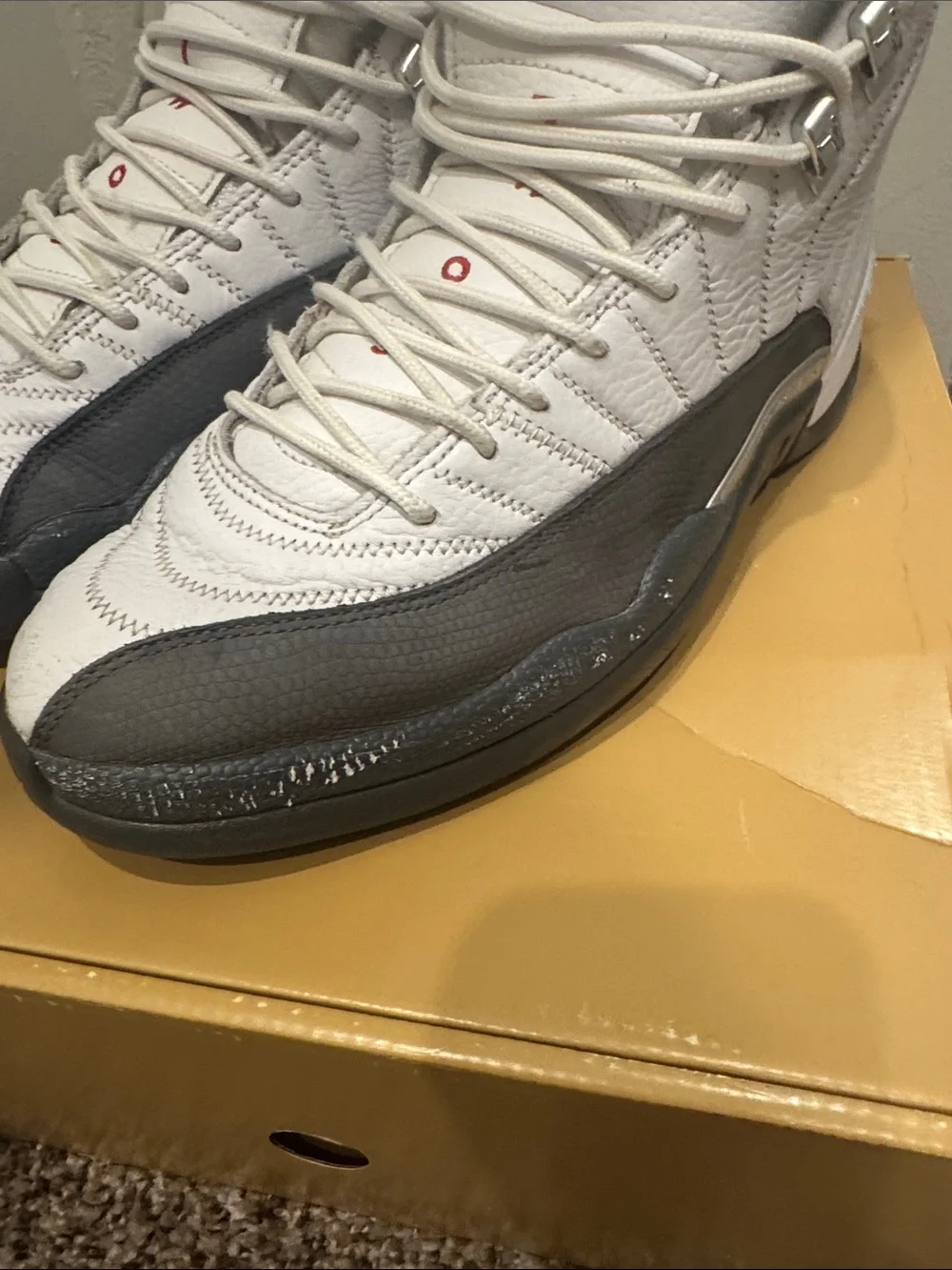 Jordan 12 Men’s White, Gray & Red Retro Basketball Sneakers